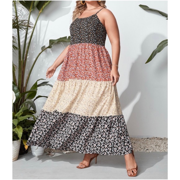 BellanBlue Dresses & Skirts - Boho Plus Floral Print Color Block Cami Maxi Dress